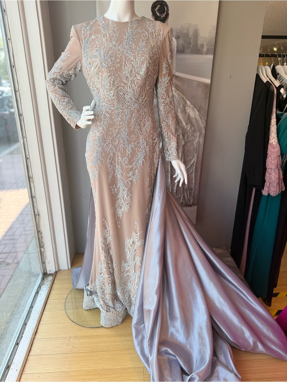 Elegant Silver/Nude Evening Gown With Detachable Overskirt